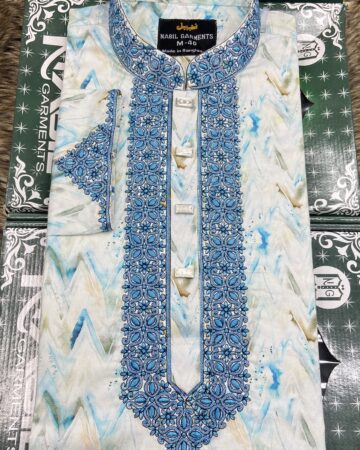 আকাশী কালার প্রিন্ট এমব্রয়ডারি পাঞ্জাবি - কোড: NB-202