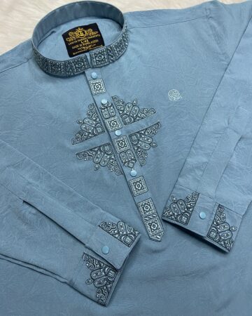 স্কাই ব্লু  লাক্সারি ভাঙ্গচুর স্টিজ কটন পাঞ্জাবি - কোড: ML-222