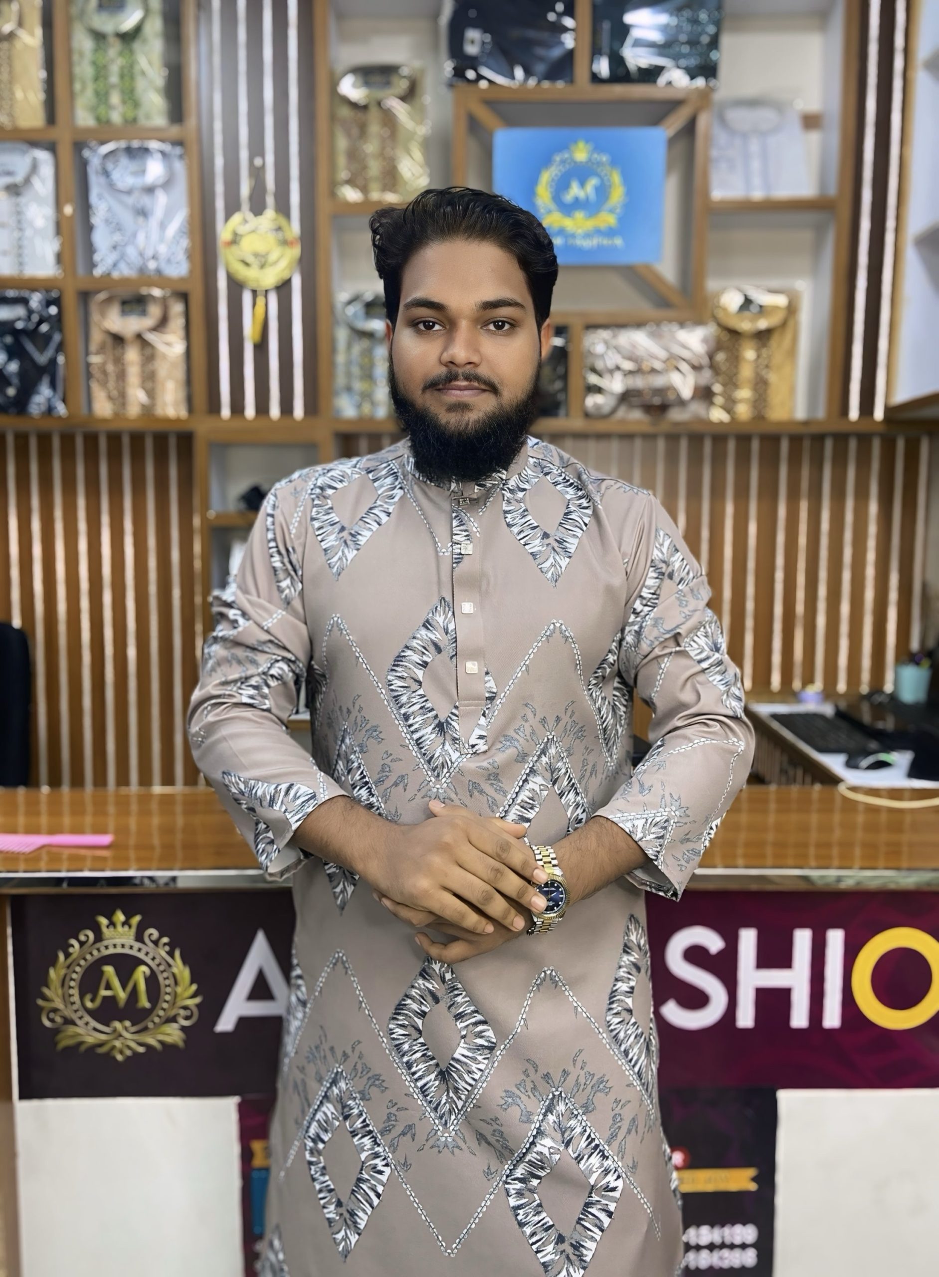 গ্রেইশ ব্রাউন কালার 5D প্রিন্ট পাঞ্জাবি - কোড: AM-040