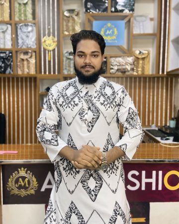 সাদা কালার 5D প্রিন্ট পাঞ্জাবি - কোড: AM-060
