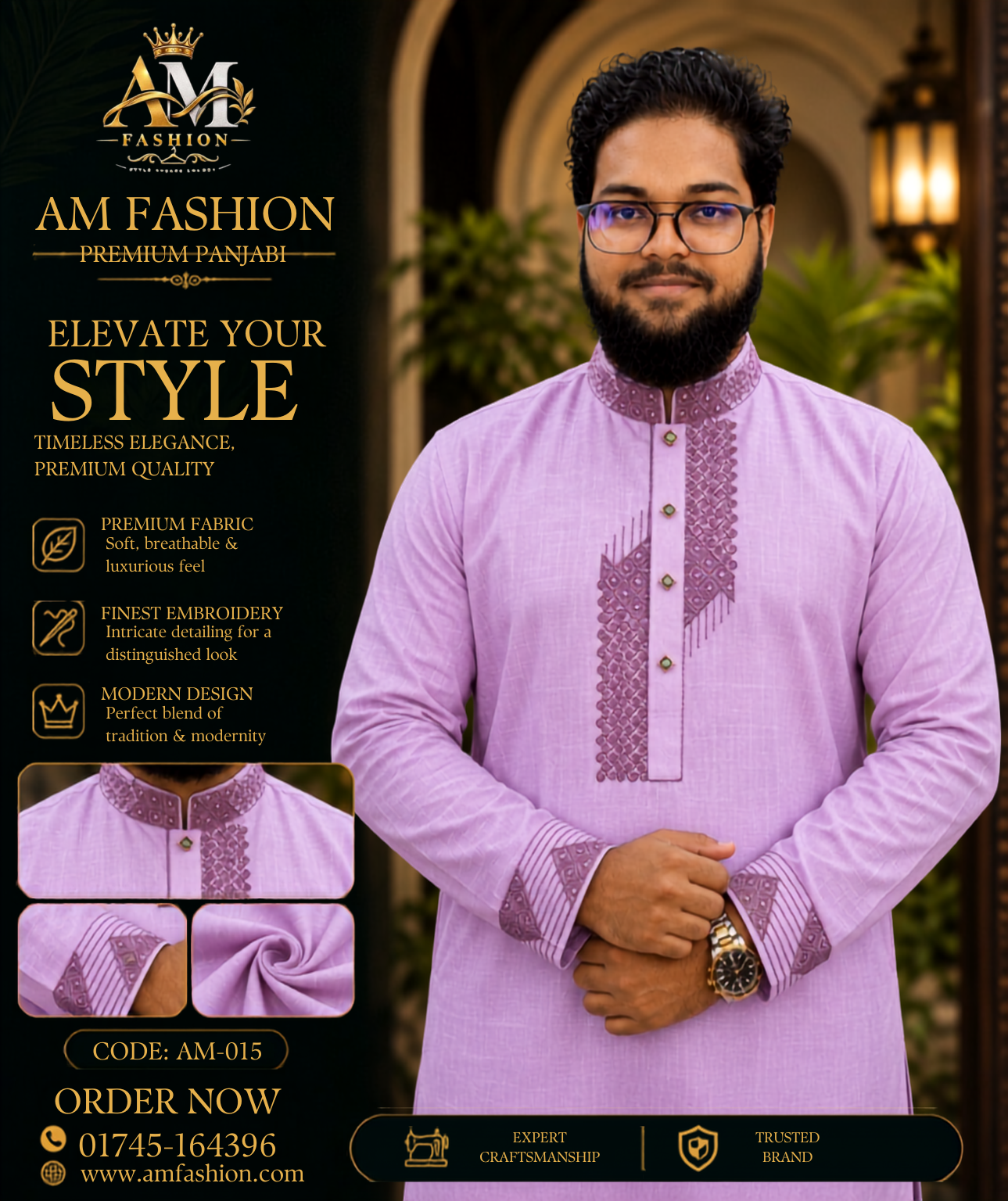 লাক্সারি কফ হাতা ল্যাভেন্ডার কালার পাঞ্জাবি (Code: AM-015) - Image 2