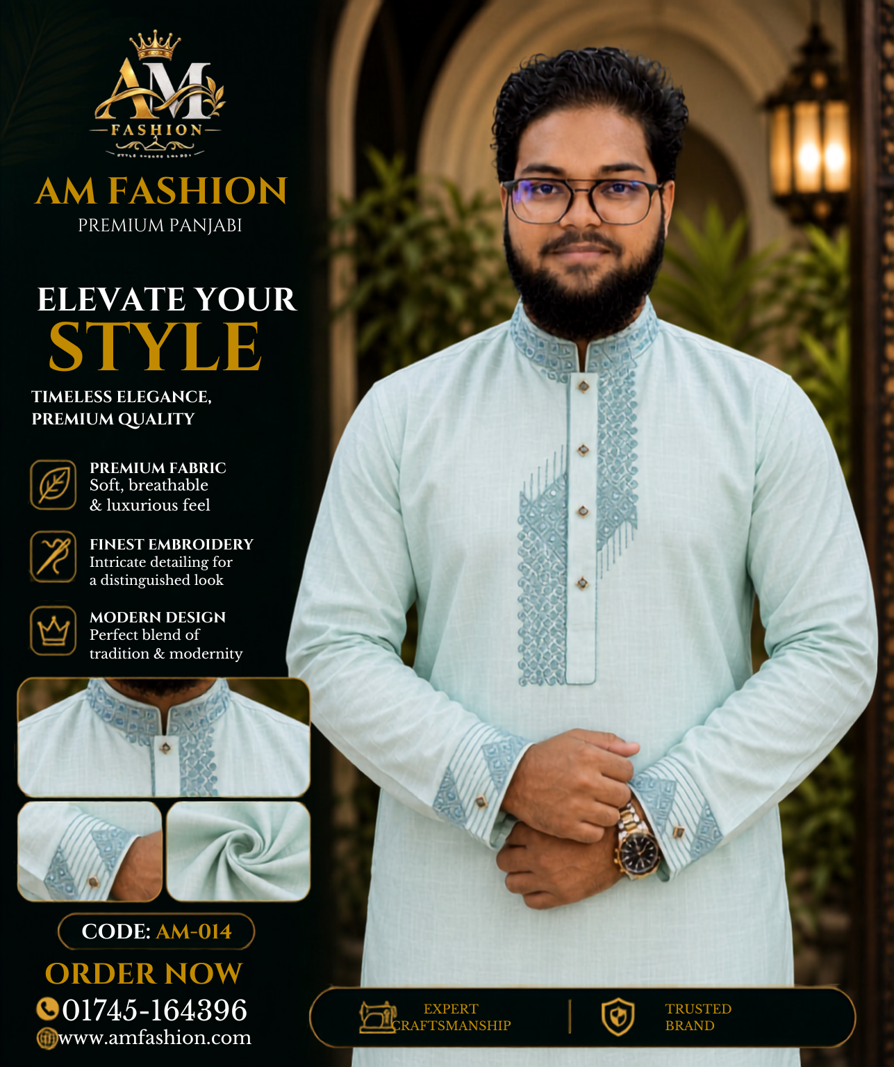 লাক্সারি কফ হাতা মিন্ট গ্রিন কালার পাঞ্জাবি (Code: AM-014) - Image 2